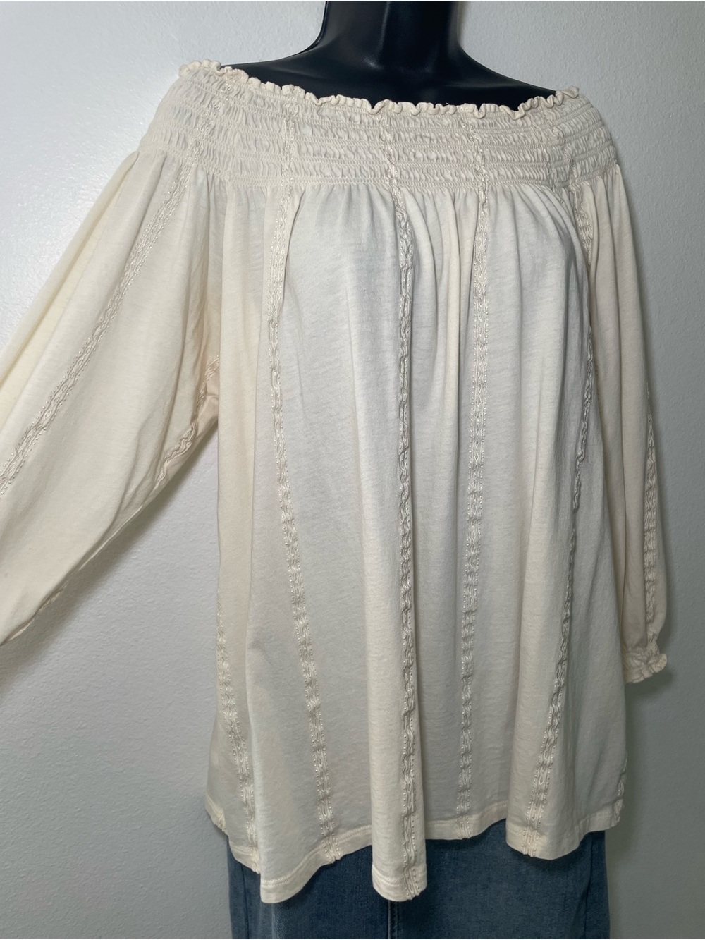 Lauren Ralph Lauren Off Shoulder Top L Cream Smocked Embroidered Boho Cotton - Picture 3 of 8